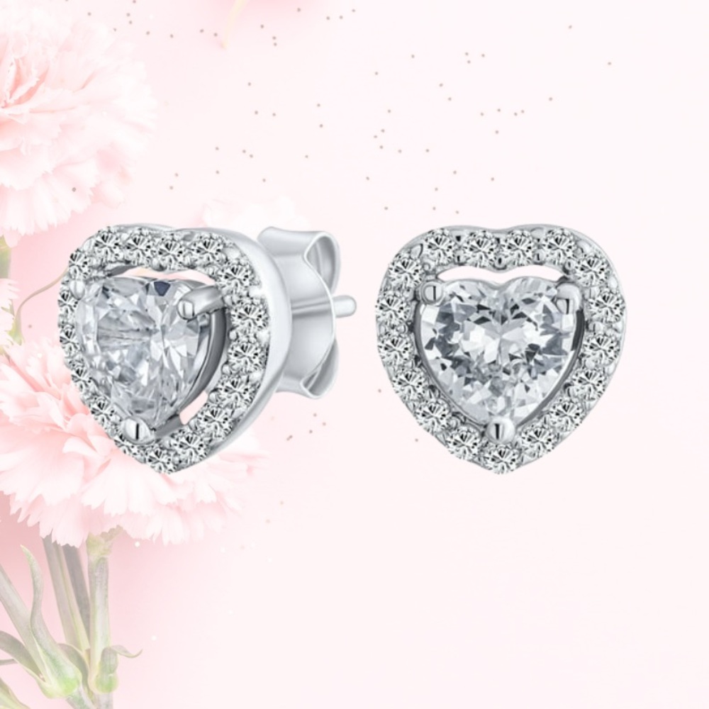 Bling Heart-Shaped CZ Silver Earrings Gift Box Included